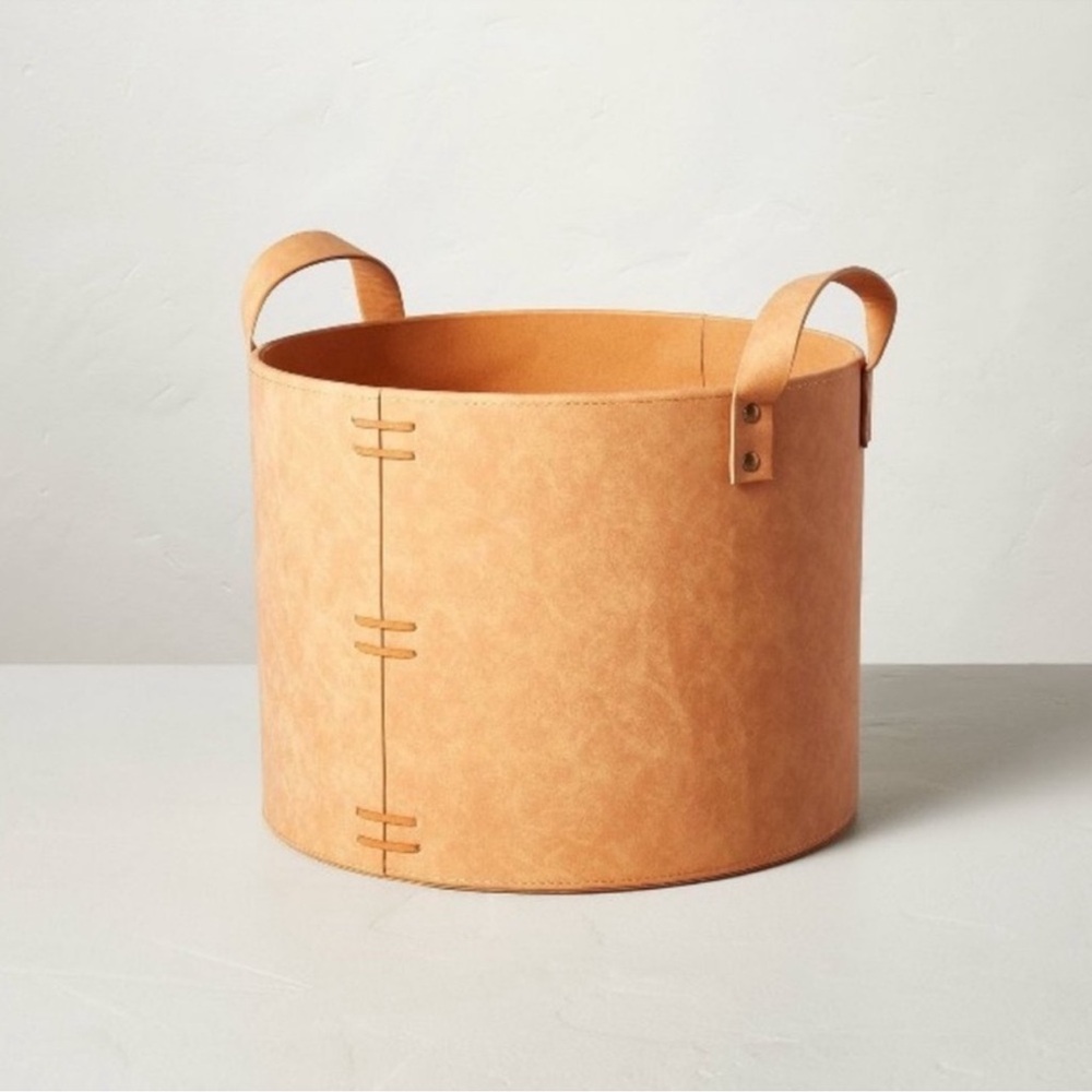 Hearth & Hand MEDIUM Faux Leather Storage Bin Camel Brown Round Basket NEW